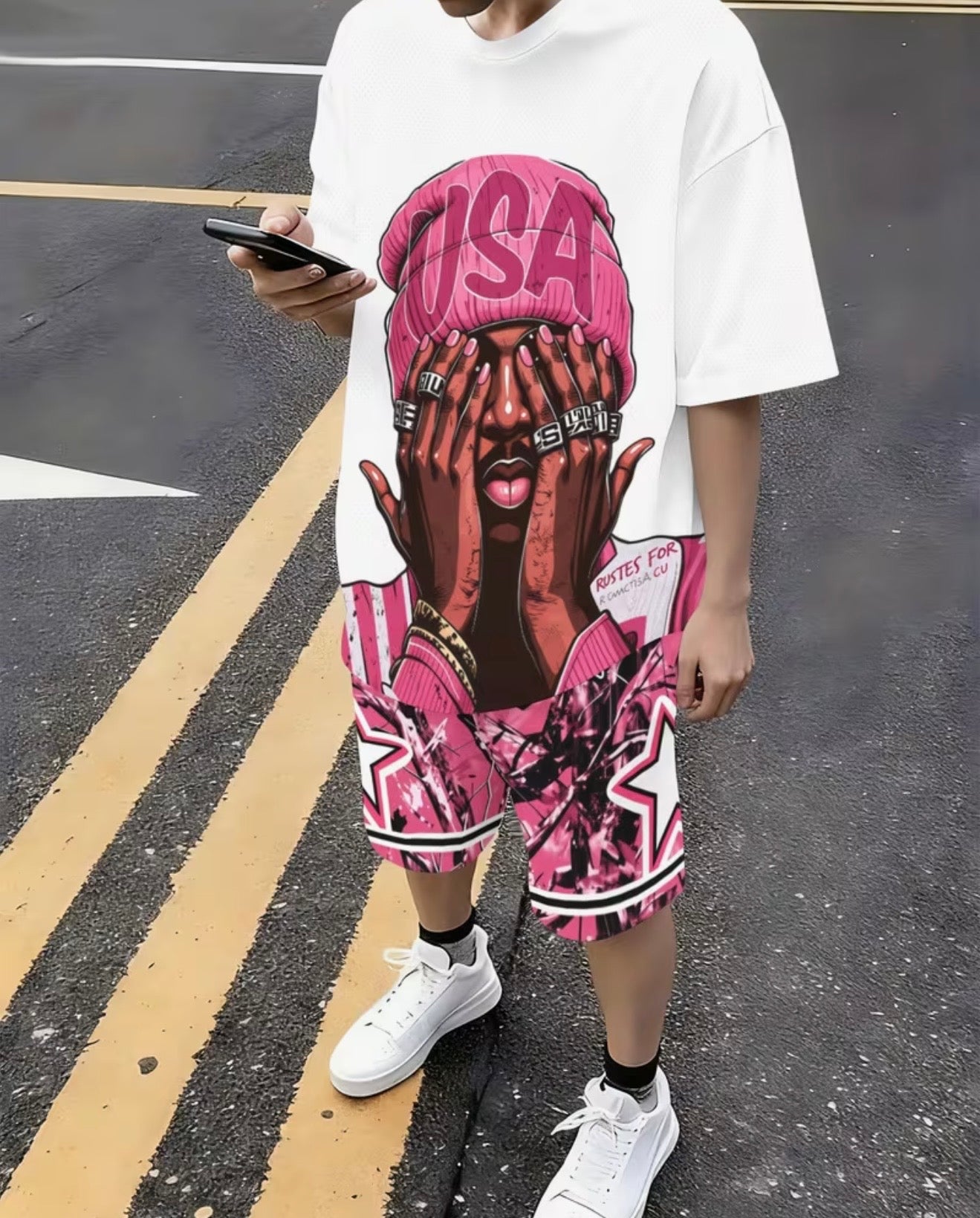 Completo Streetwear Oversize Bianco e Rosa