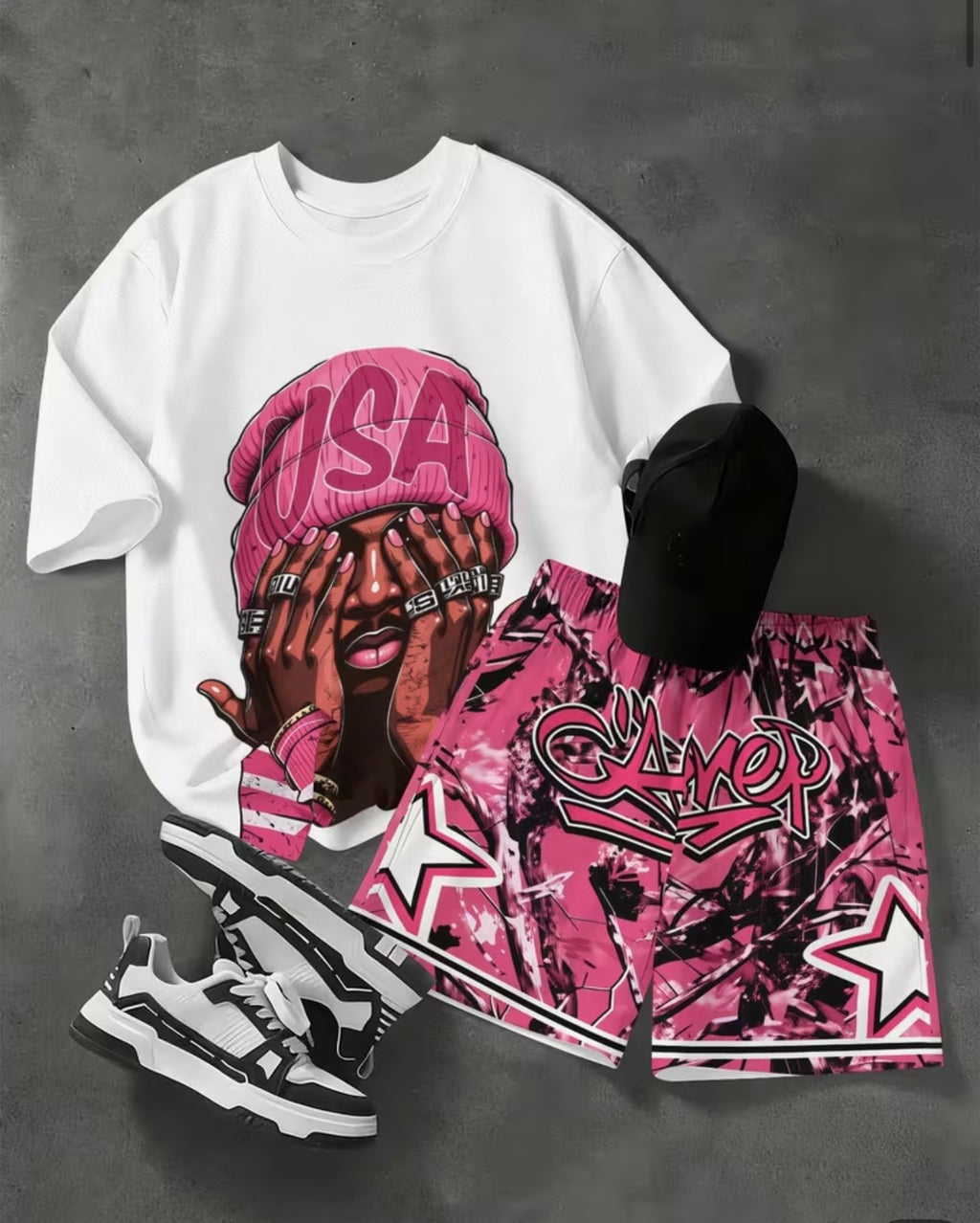 Completo Streetwear Oversize Bianco e Rosa