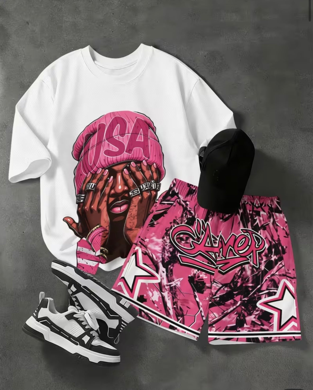 Completo Streetwear Oversize Bianco e Rosa